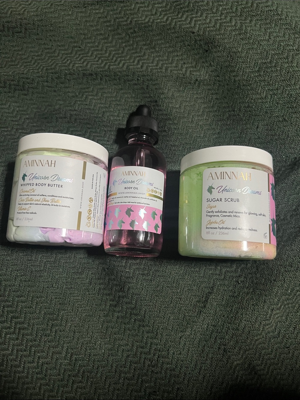 Aminnah Unicorn Dreams Whipped Body Butter, Body Oil & Sugar Scrub Set